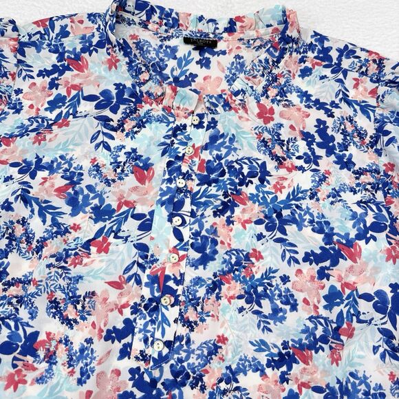 Talbots Top Plus Size 3X Blue Pink Floral Popover Blouse Ruffles Preppy Resort - Picture 4 of 11